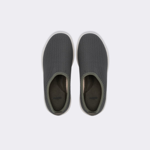 dark shearling lined grey slip on waffle shoe with white sole